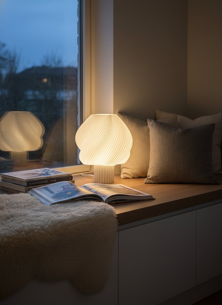 Lumo lamp op een oak windowsill-bench bij avond, met sheepskin