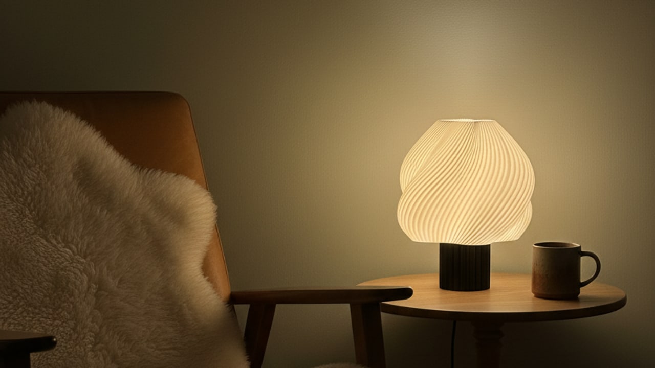 Lumo lamp naast een vintage tan-leren stoel met sheepskin throw